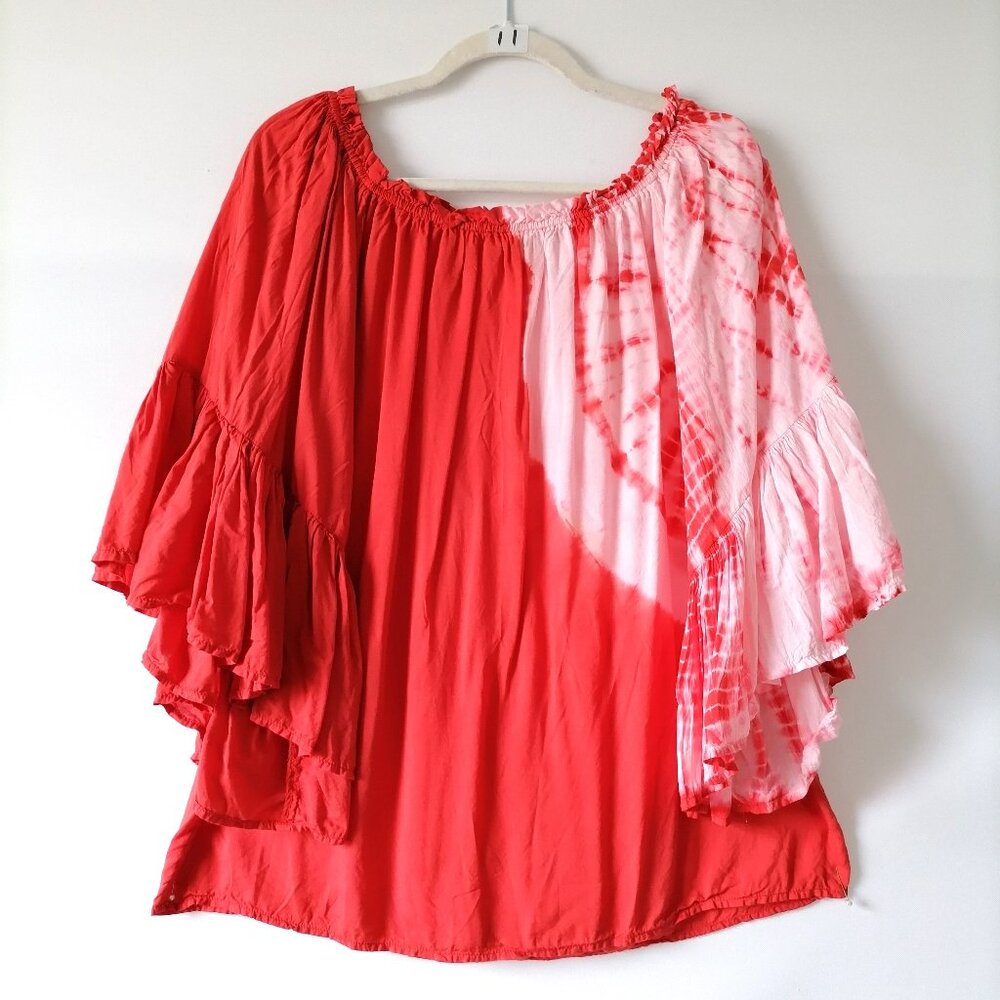 Elan Womens Red Off The Shoulder Bell Sleeve Tie Dye Blouse Top Size O/S